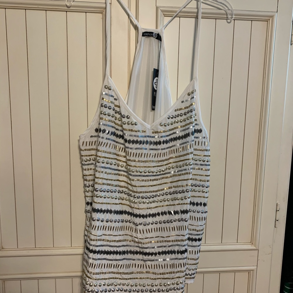 Silver and gold jeweled white camisole